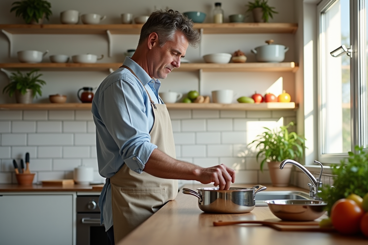 Homme choisissant une poêle en cuisine lumineuse et accueillante