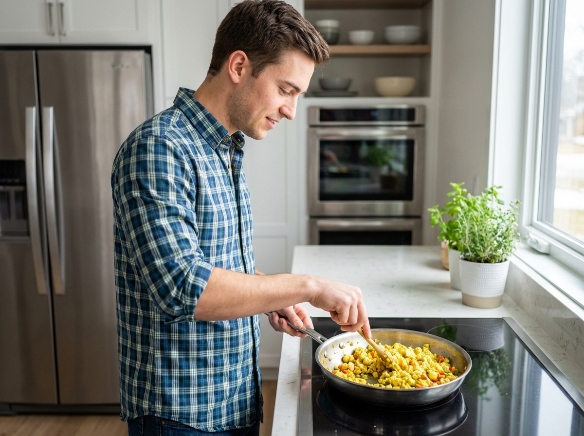 Homme utilisant un substitut aux œufs