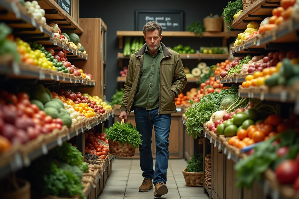 Homme faisant ses courses dans une petite épicerie primeur de quartier avec des étals de fruits et légumes