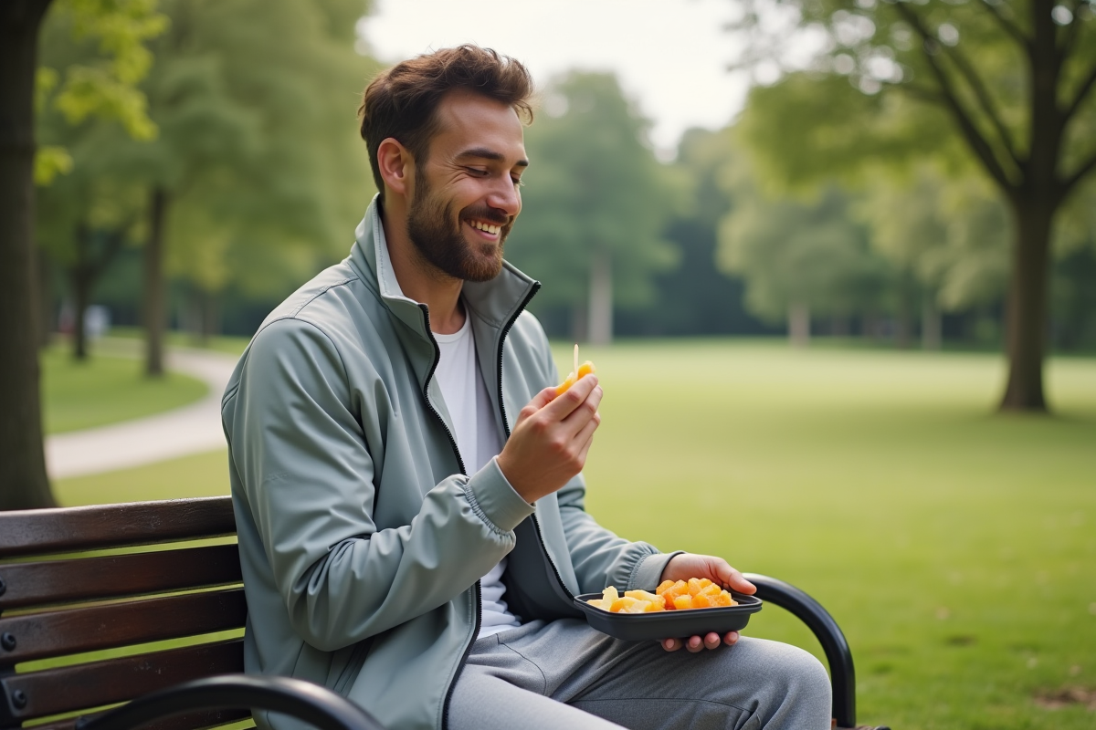 Homme mangeant des fruits dans un parc verdoyant