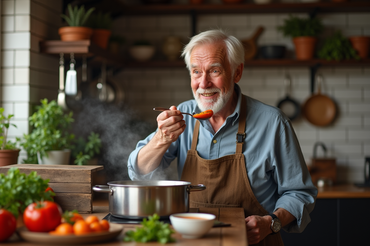 Homme âgé goûtant une soupe dans une cuisine chaleureuse