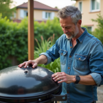 Homme en denim ajuste la ventilation du barbecue moderne