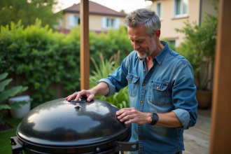Homme en denim ajuste la ventilation du barbecue moderne
