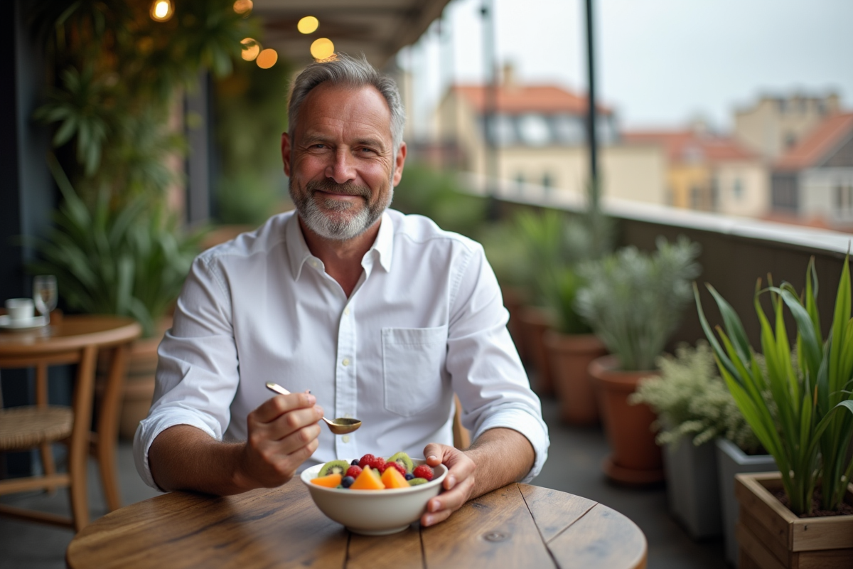 Homme dégustant une salade de fruits en terrasse urbaine