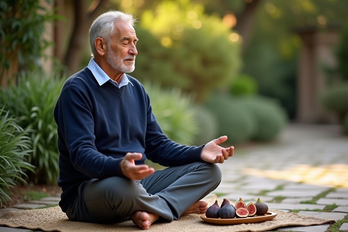 Homme méditant dans un jardin avec fruits secs