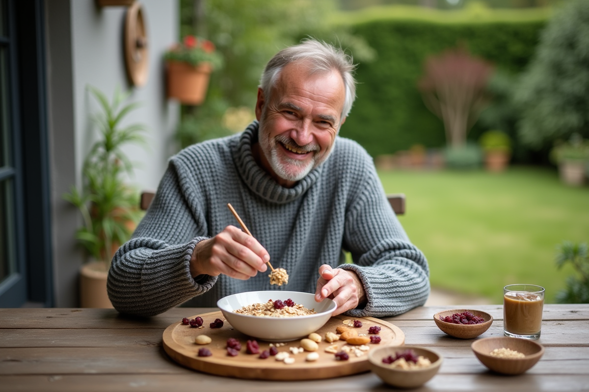 Homme d age moyen mélangeant des ingrédients pour un repas sain en extérieur