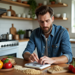 Homme mesurant des aliments sains sur une balance dans la cuisine