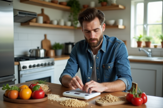 Homme mesurant des aliments sains sur une balance dans la cuisine