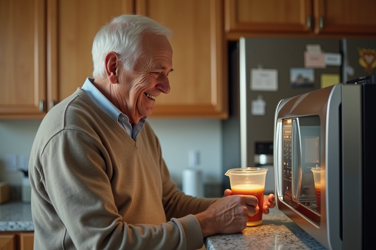 Homme âgé regardant le microonde en cuisine