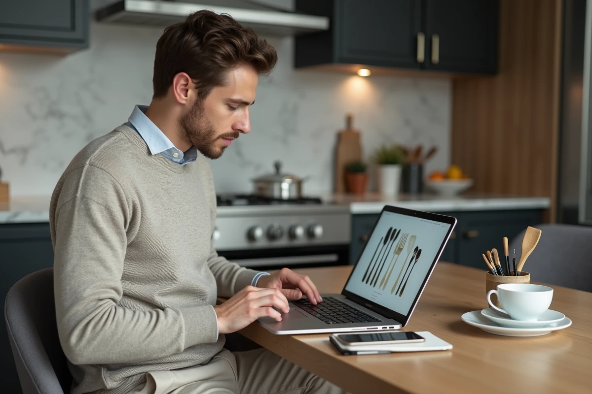Homme comparant des sites de ustensiles de cuisine à la maison