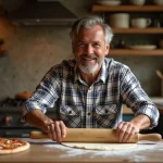 Homme d'âge moyen préparant la pâte à pizza dans une cuisine chaleureuse