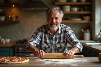 Homme d'âge moyen préparant la pâte à pizza dans une cuisine chaleureuse