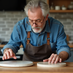 Homme examine deux pierres à pizza dans une cuisine moderne