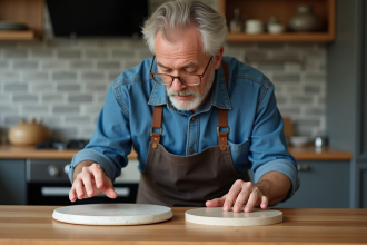 Homme examine deux pierres à pizza dans une cuisine moderne