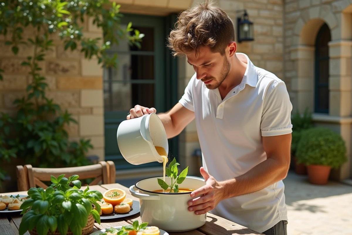 Jeune homme versant de la soupe sur du basilic dans un jardin