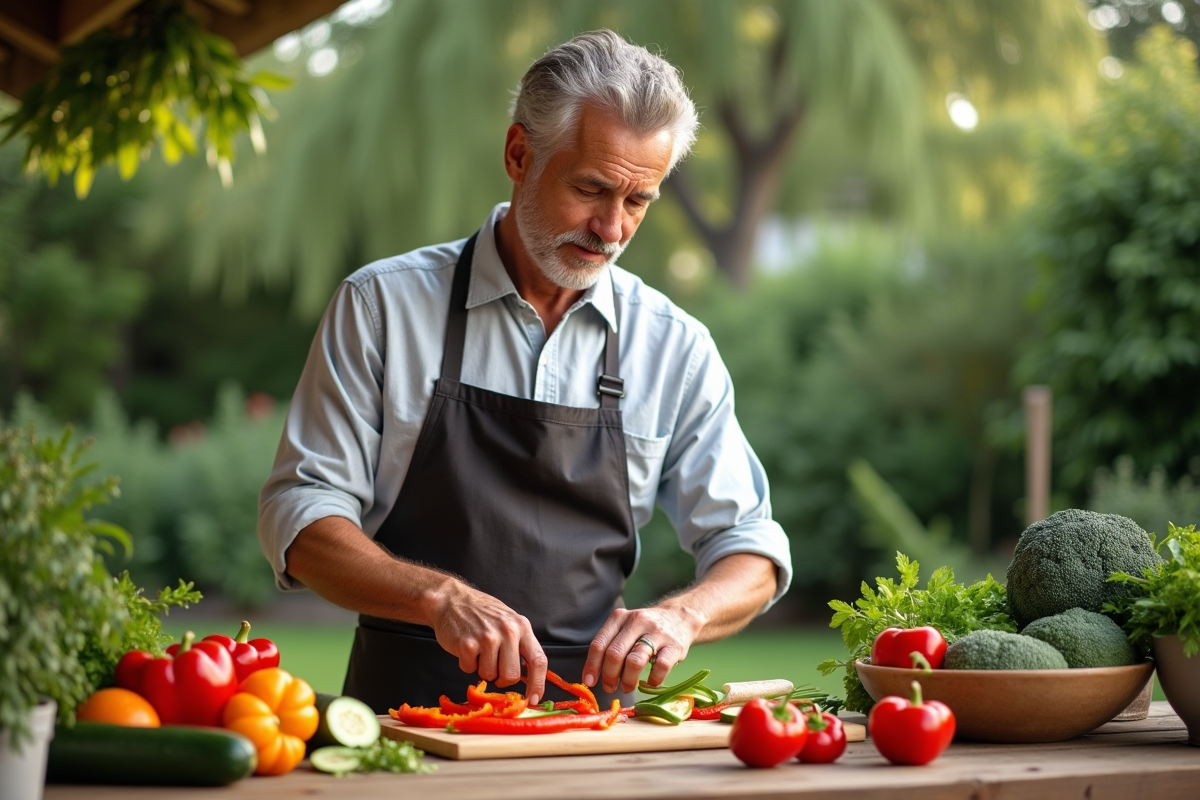 Homme préparant une salade de légumes en extérieur