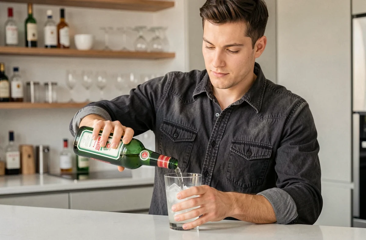 Homme préparant un cocktail au Jägermeister dans une cuisine moderne en versant la liqueur dans un verre
