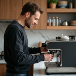 Homme moyenâgeux ajustant la machine à café dans une cuisine moderne