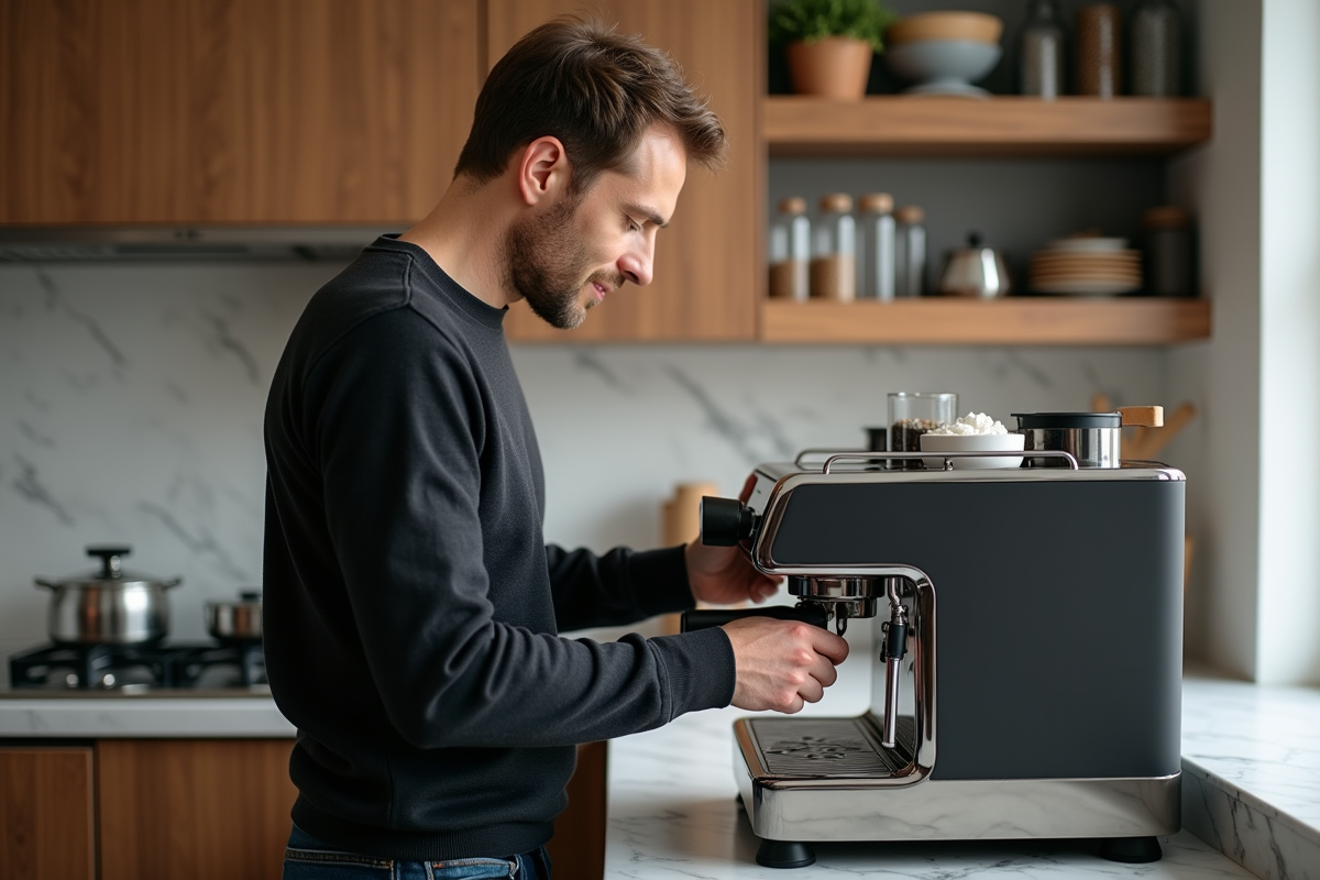 Homme moyenâgeux ajustant la machine à café dans une cuisine moderne