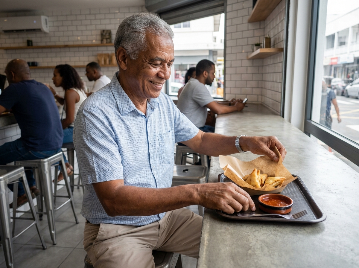 Homme réunionnais savourant des samoussas dans un café moderne