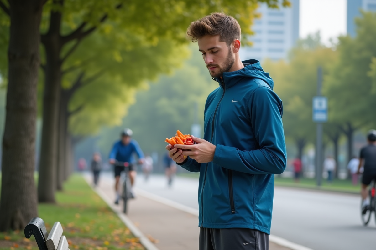 Jeune homme courant dans un parc urbain