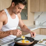 Homme sportif préparant des œufs au plat dans une cuisine moderne pour son plan alimentaire musculation