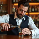 Homme d'âge moyen versant whisky Fondaudège dans un verre