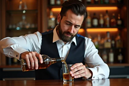 Homme d'âge moyen versant whisky Fondaudège dans un verre