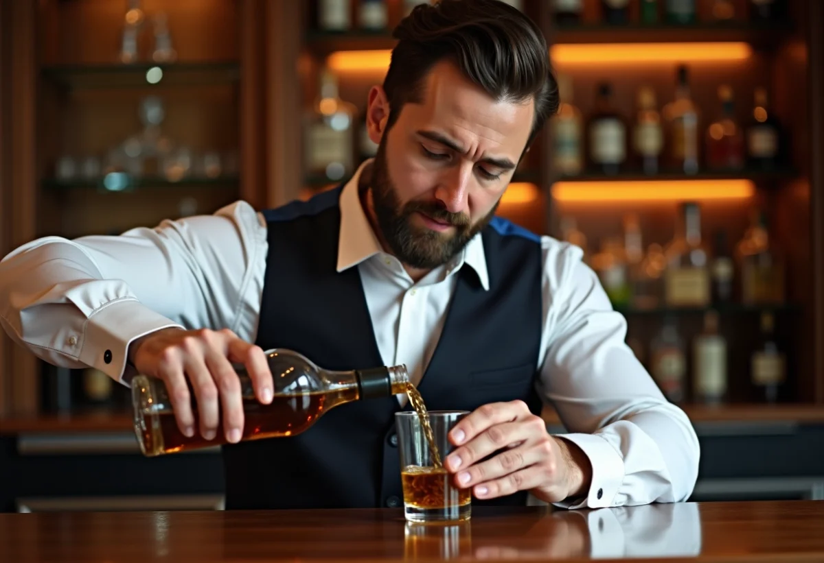 Homme d'âge moyen versant whisky Fondaudège dans un verre