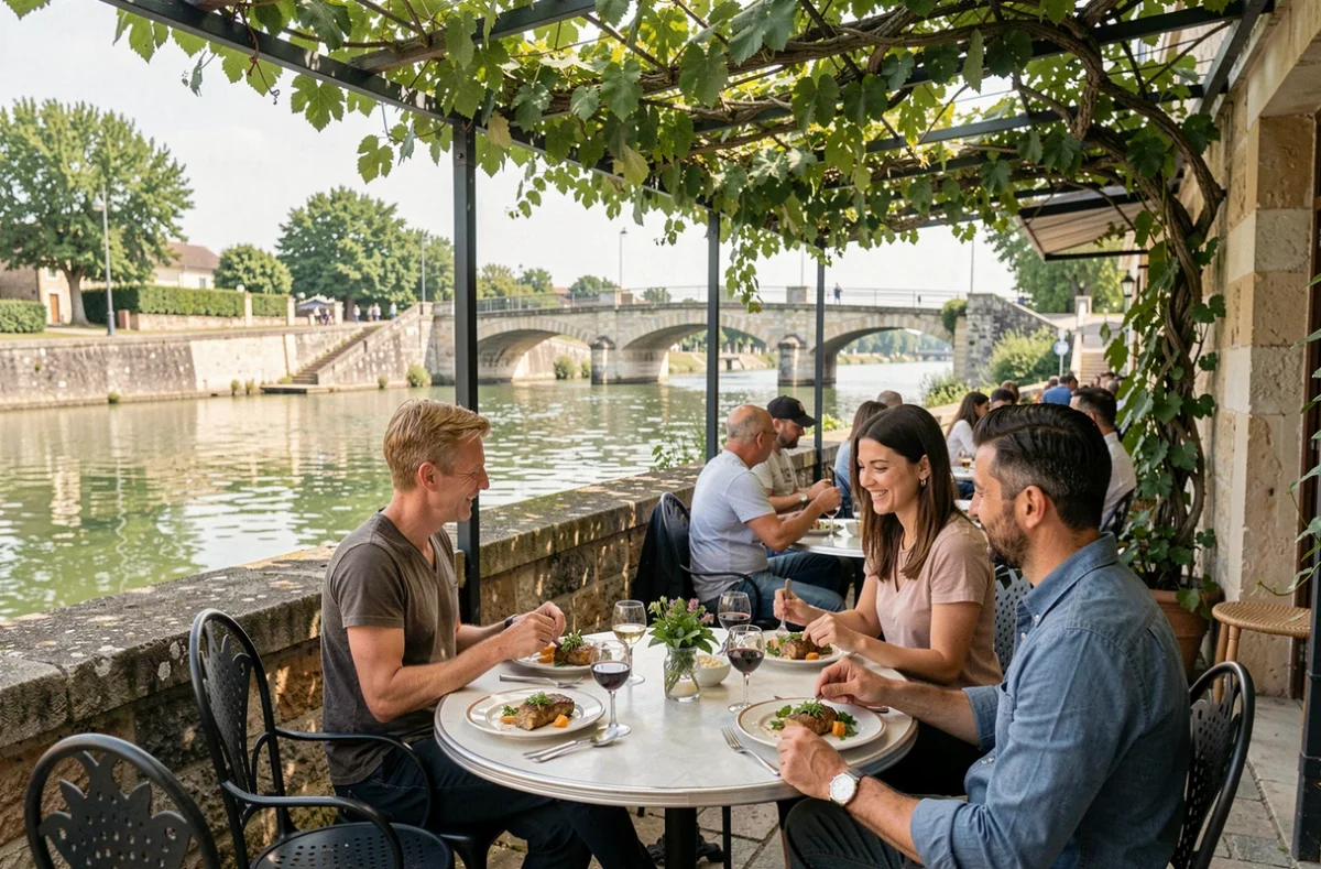 Terrasse de L'Hydropathe à Briare avec vue sur le canal et le Pont-Canal historique, tables en fer et plats régionaux servis en terrasse