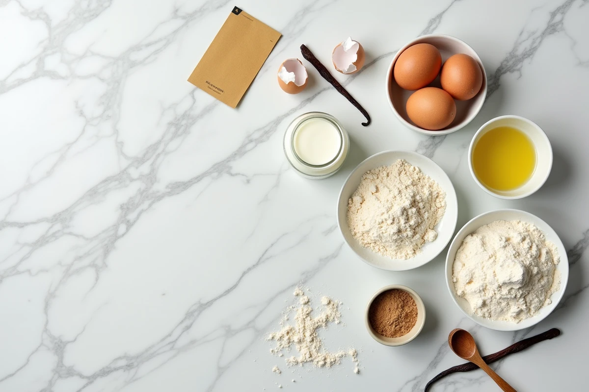Ingrédients sans gluten pour gâteau au yaourt disposés en flat lay sur marbre blanc : farines alternatives, yaourt, œufs, huile et fiche recette manuscrite