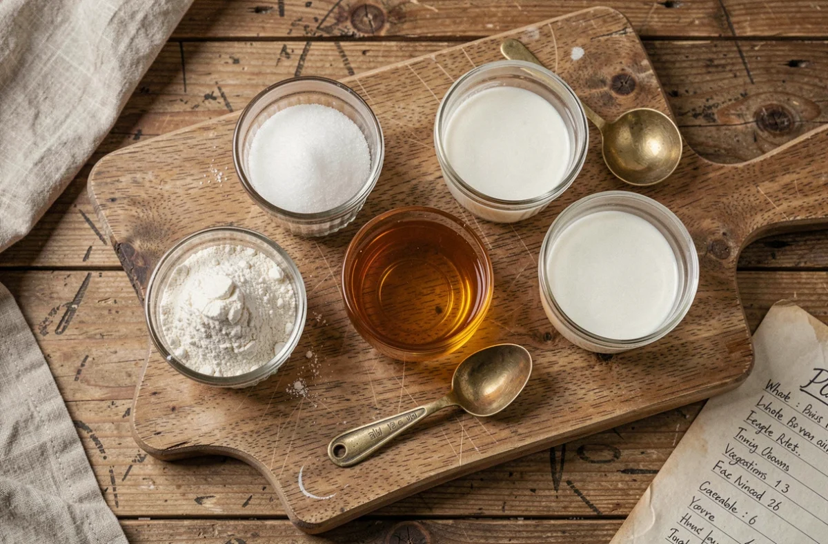 Vue aérienne de ramequins contenant différents ingrédients de pâtisserie avec un tableau de conversion manuscrit sur une planche en bois rustique