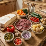 Ingrédients pour une raclette pour 10 personnes disposés sur un comptoir en bois, avec options halal et veggie