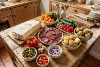 Ingrédients pour une raclette pour 10 personnes disposés sur un comptoir en bois, avec options halal et veggie