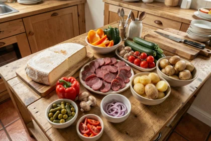 Ingrédients pour une raclette pour 10 personnes disposés sur un comptoir en bois, avec options halal et veggie