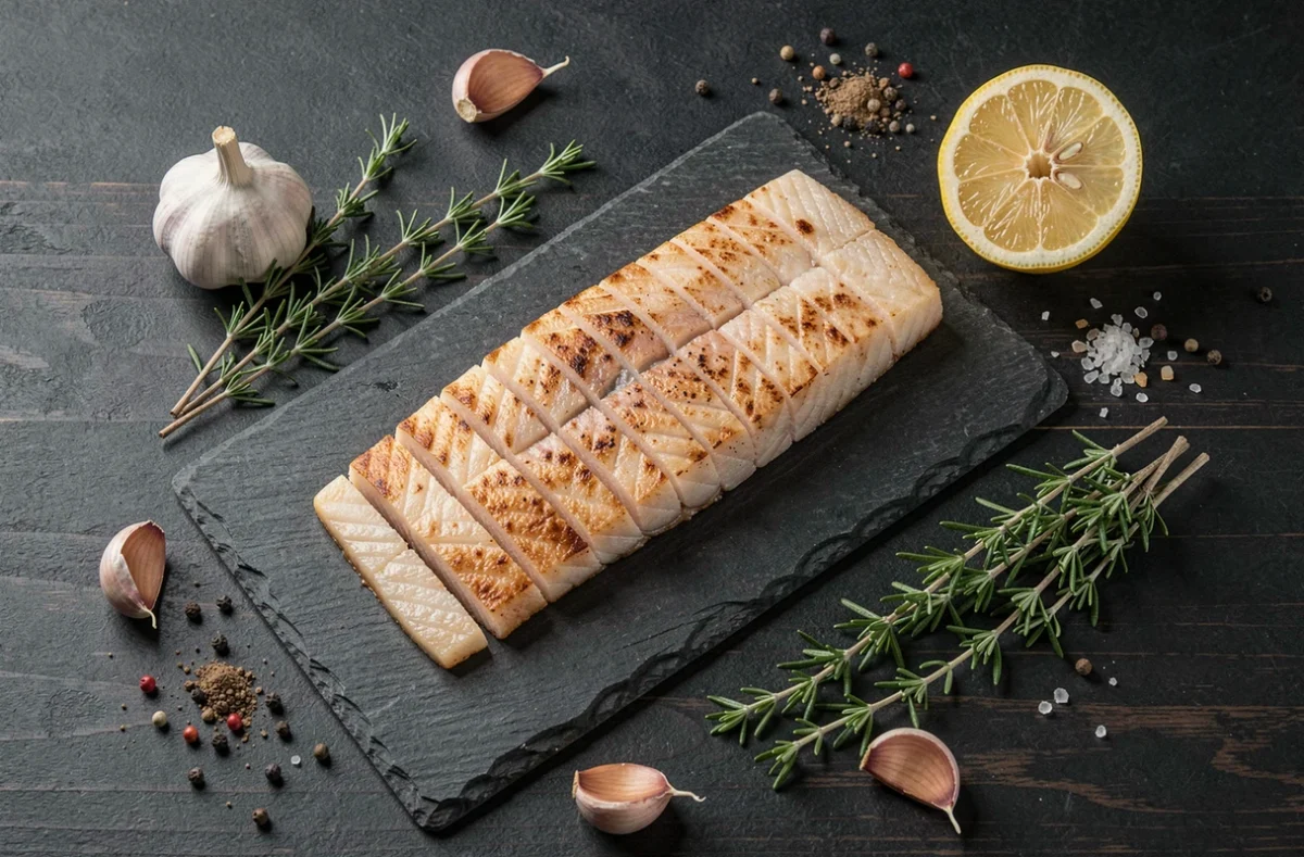 Filet de julienne doré sur ardoise entouré d'ingrédients frais pour une recette maison