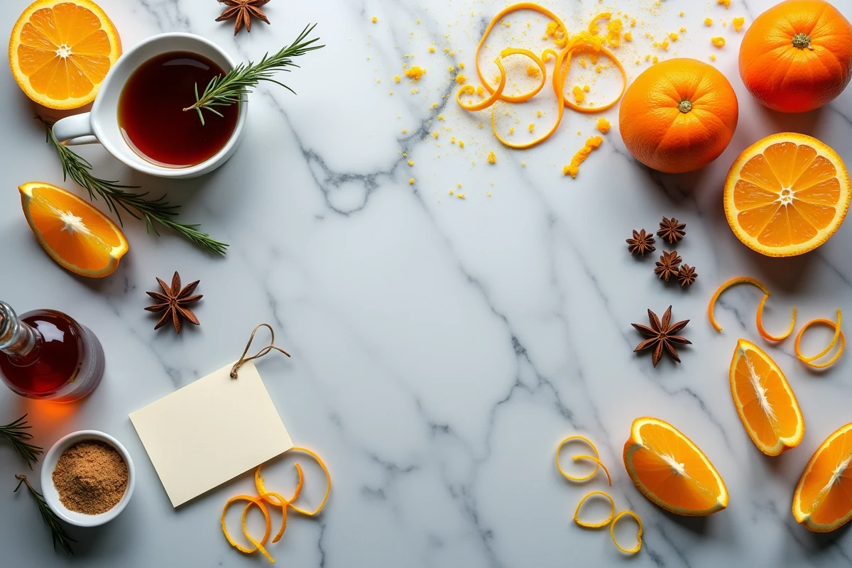 Mise en scène des ingrédients de la sauce bigarade moderne pour magret de canard : oranges amères, jus de canard, anis étoilé, vinaigre et zestes sur marbre