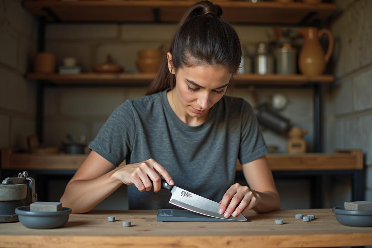 Jeune femme inspectant un couteau japonais avec guide de taille