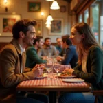 Jeune couple en restaurant lyonnais partageant un repas convivial