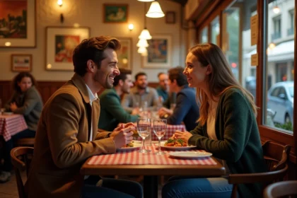 Jeune couple en restaurant lyonnais partageant un repas convivial