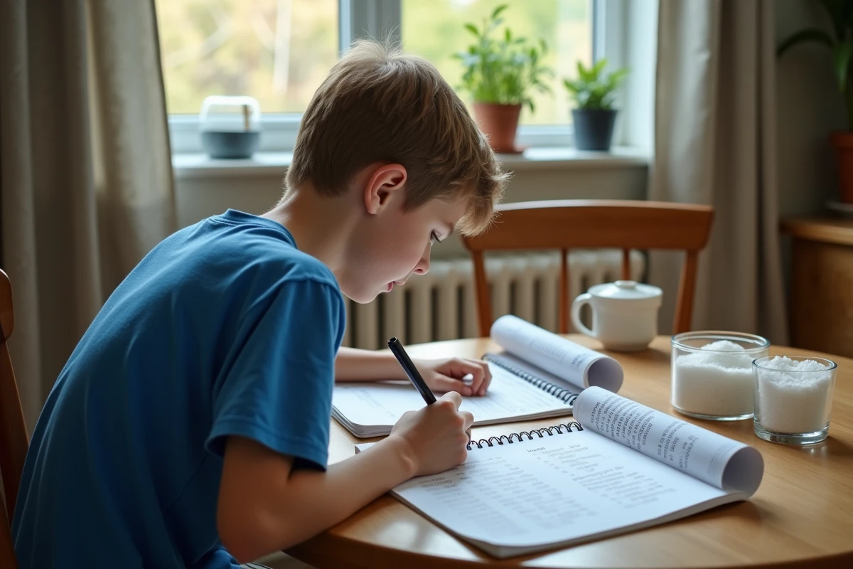 Adolescent écrivant ses notes de conversion en cuisine