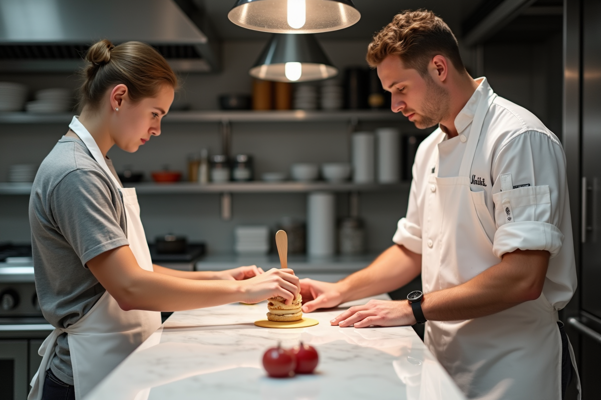 Jeune étudiant en cuisine regardant un chef en démonstration