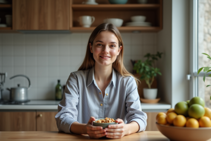 Jeune femme dans la cuisine avec bol de noix et fruits secs