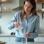 Jeune femme verse de l'eau dans un bécher en cuisine