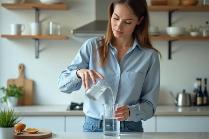 Jeune femme verse de l'eau dans un bécher en cuisine