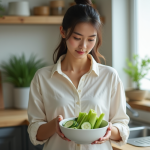 Jeune femme avec bol de légumes frais en cuisine