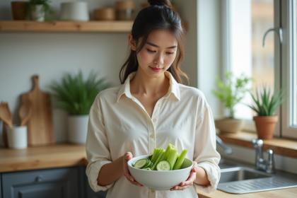 Jeune femme avec bol de légumes frais en cuisine