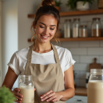Jeune femme verse un smoothie maison dans un verre dans une cuisine lumineuse