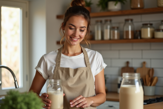 Jeune femme verse un smoothie maison dans un verre dans une cuisine lumineuse