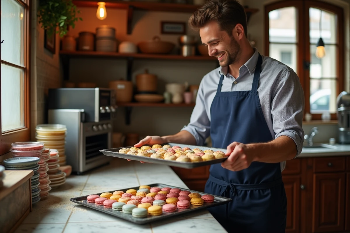Jeune homme sortant des macarons colorés du four